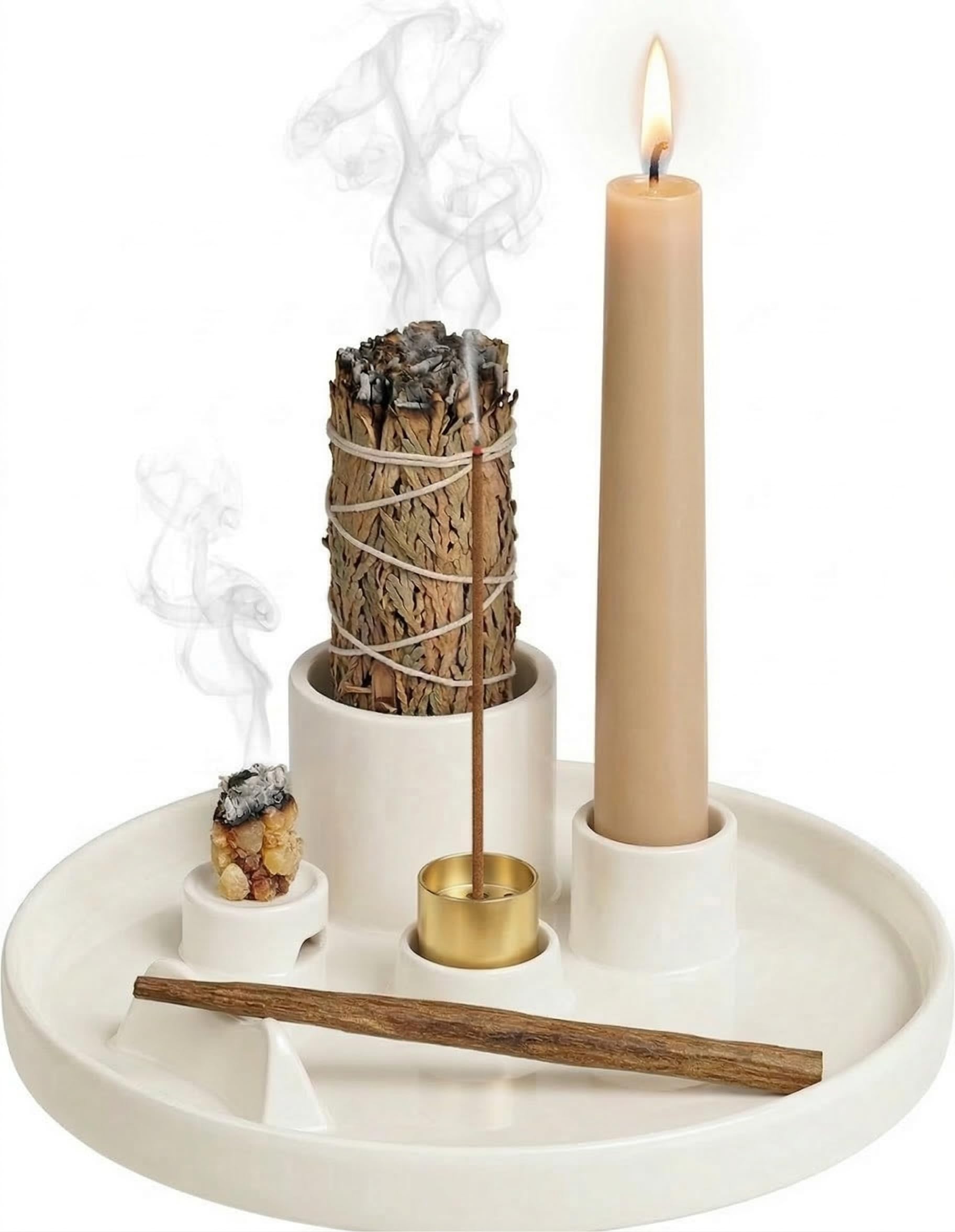 5 IN 1 Multifunktionaler Keramik-Räucherstäbchenhalter mit Ascheschale, Räuchergefäß für das Verbrennen von Salbei, Palo Santo, Räucherstäbchen und Räucherkegeln, für Home Decor, Meditation und Yoga