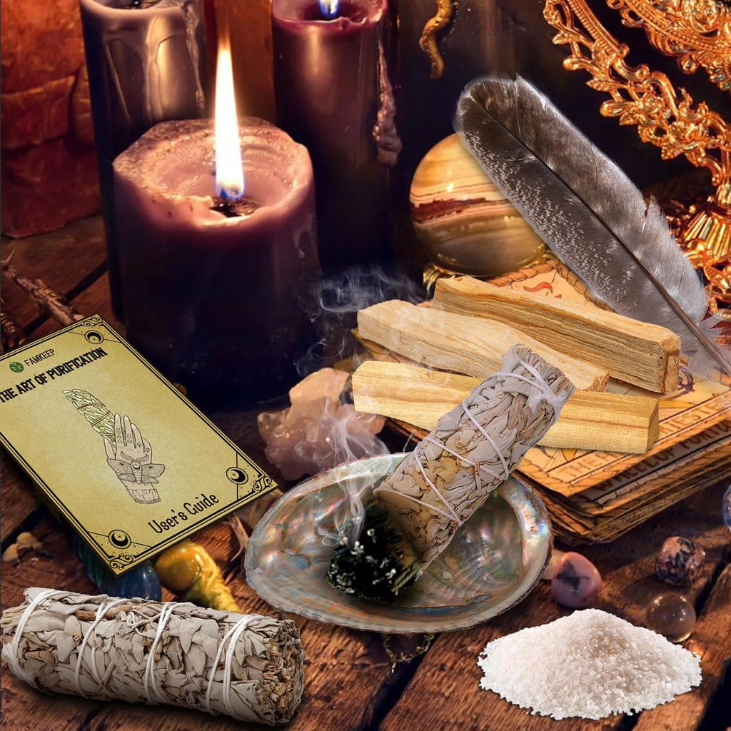 FAMKEEP Räucherset,Salbei Räuchern,Weißer Salbeis Zum Räuchern 3 Bündel,3 Wurzeln Palo Santo,Abalone-Muschel, Salbei Räuchern zur Energetischen Reinigung,Beseitigt Negative Energien