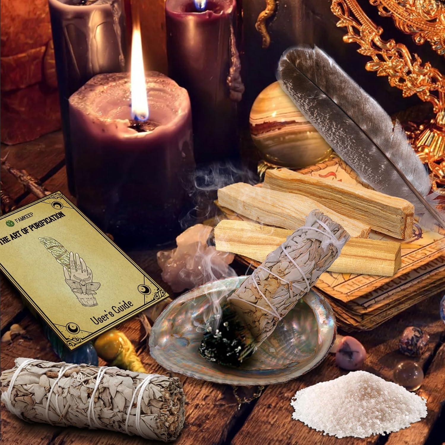 FAMKEEP Räucherset,Salbei Räuchern,Weißer Salbeis Zum Räuchern 3 Bündel,3 Wurzeln Palo Santo,Abalone-Muschel, Salbei Räuchern zur Energetischen Reinigung,Beseitigt Negative Energien