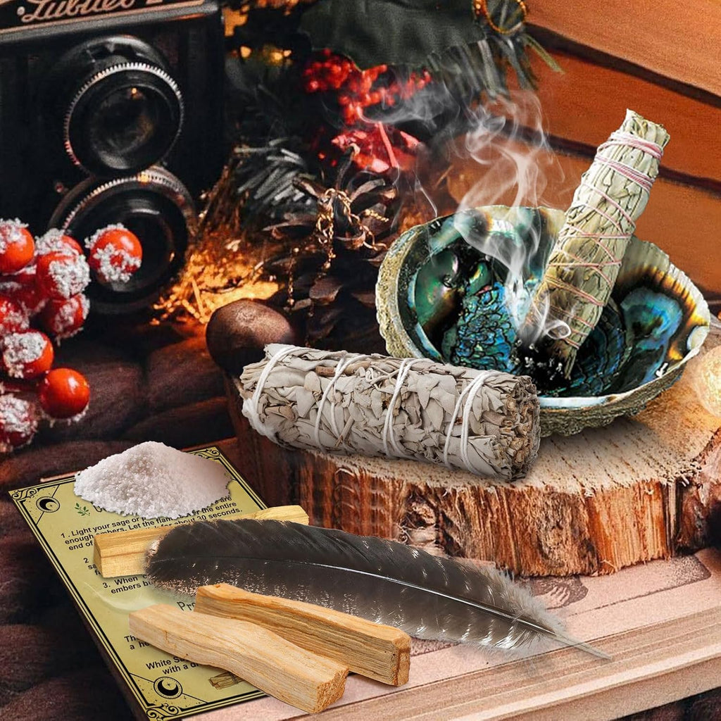 FAMKEEP Räucherset,Salbei Räuchern,Weißer Salbeis Zum Räuchern 3 Bündel,3 Wurzeln Palo Santo,Abalone-Muschel, Salbei Räuchern zur Energetischen Reinigung,Beseitigt Negative Energien